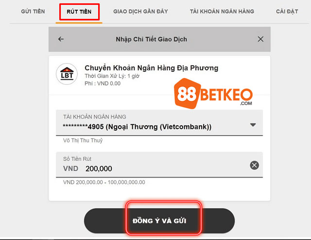 Hướng dẫn nhập số tiền rút tại 188bet